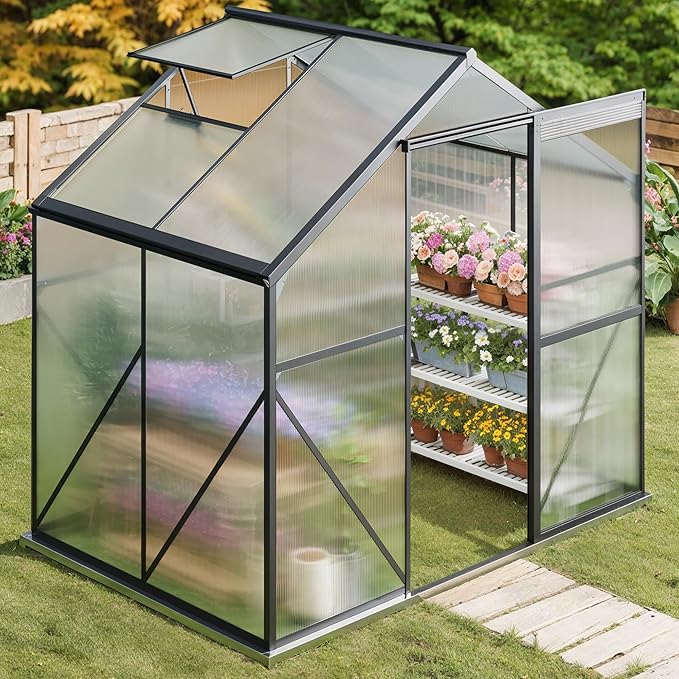 Gizoon 6x4 FT Outdoor Greenhouse, Quick Setup Polycarbonate Greenhouse with Adjustable Roof Vent and Sliding Door, Aluminum Walk-in Greenhouses for Outside Backyard Gardening (Black, 6X4FT)