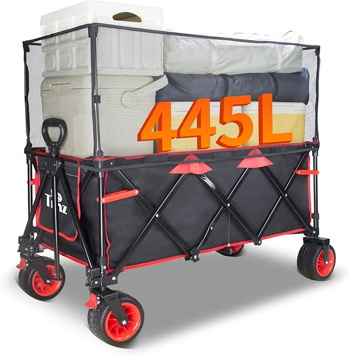 TMZ Collapsible Wagon 445L Heavy Duty Foldable Cart with All-Terrain Wheels, Canopy & Brakes - Extra Large Utility Wagon for Beach, Outdoor, Garden, Camping Portable Foldable Design (Black/Red)