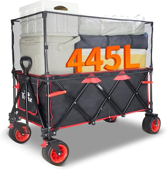 TMZ Collapsible Wagon 445L Heavy Duty Foldable Cart with All-Terrain Wheels, Canopy & Brakes - Extra Large Utility Wagon for Beach, Outdoor, Garden, Camping Portable Foldable Design (Black/Red)