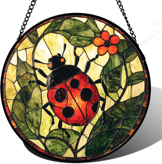 Stained Glass Window Hanging - Red Ladybug Green Plant Flower Sun Catcher for Door Home Decor Insect Suncatcher Christmas Mother's Day Birthday Gifts for Women Men Mom Nana 6.3 in