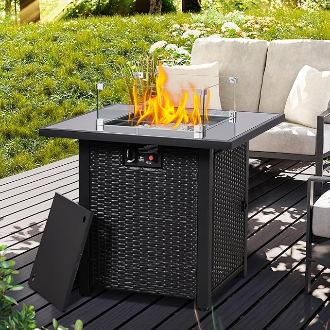 28'' Gas Fire Pit Table, Outdoor Square Fire Pit Table with Cover, Glass Wind Guard & Glass Rock, 60000 BTU Stainless Steel H-Burner Fire Pit Tables for Outside Patio Backyard Garden (Square)