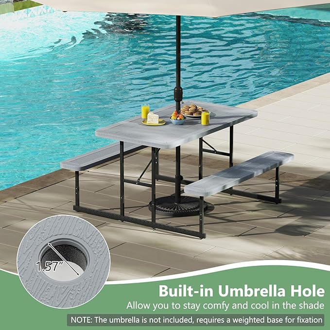 Tangkula Picnic Table, HDPE Outdoor Rectangular Table Bench Set with 2 Built-in Benches, Umbrella Hole, Metal Frame for 4 Person, Garden Yard Patio Lawn