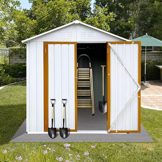 4x6 FT Outdoor Metal Storage Sheds with Apex Roof,Single-Storey Waterproof Roofed Structure Garden Shed w/Lockable Doors,for Lawn Equipment Tool Sundries,White+Yellow