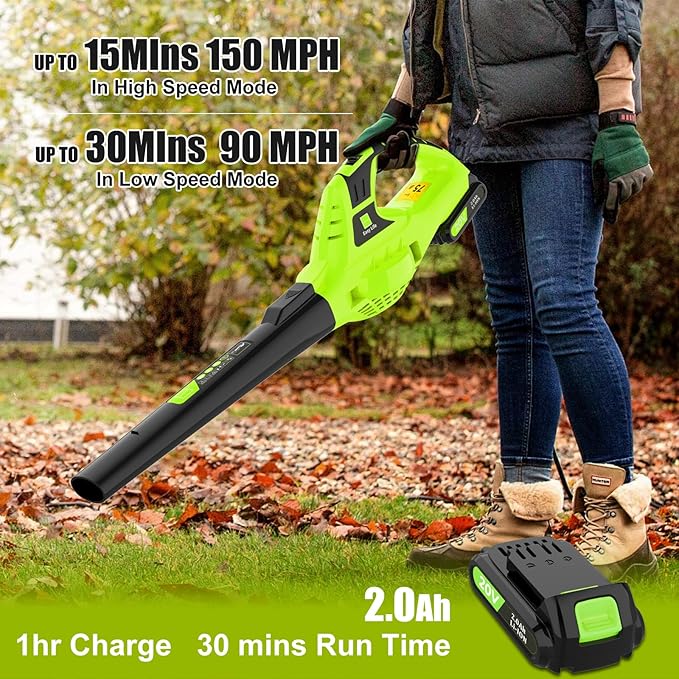 21V Leaf Blower Cordless | Handheld Electric Lightweight Blower with 2.0Ah Rechargeable Battery & Fast Charger | Adjustable Speeds, Portable Design for Lawn, Patio, Yard, Sidewalk Cleaning
