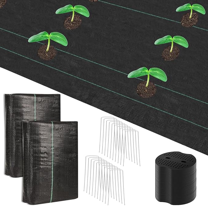 4 x 50ft Weed Barrier Fabric Heavy Duty Landscape Weed Blocker with 80 Holes, Large Weed Block Gardening Ground Cover Mat Weed Control Cloth with 10 U-Shaped Stakes and Gaskets, Black (2pcs,4x50ft)