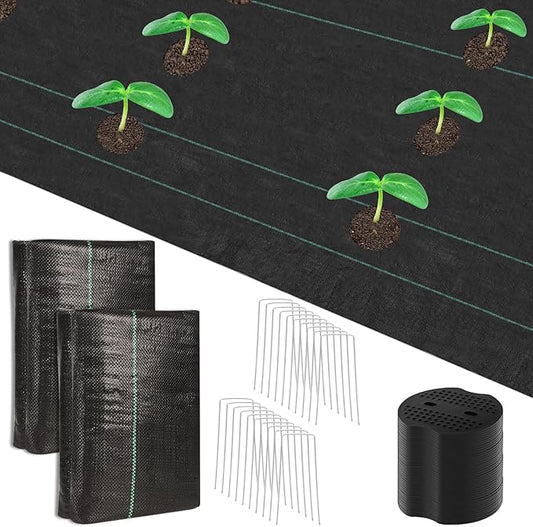 4 x 50ft Weed Barrier Fabric Heavy Duty Landscape Weed Blocker with 80 Holes, Large Weed Block Gardening Ground Cover Mat Weed Control Cloth with 10 U-Shaped Stakes and Gaskets, Black (2pcs,4x50ft)