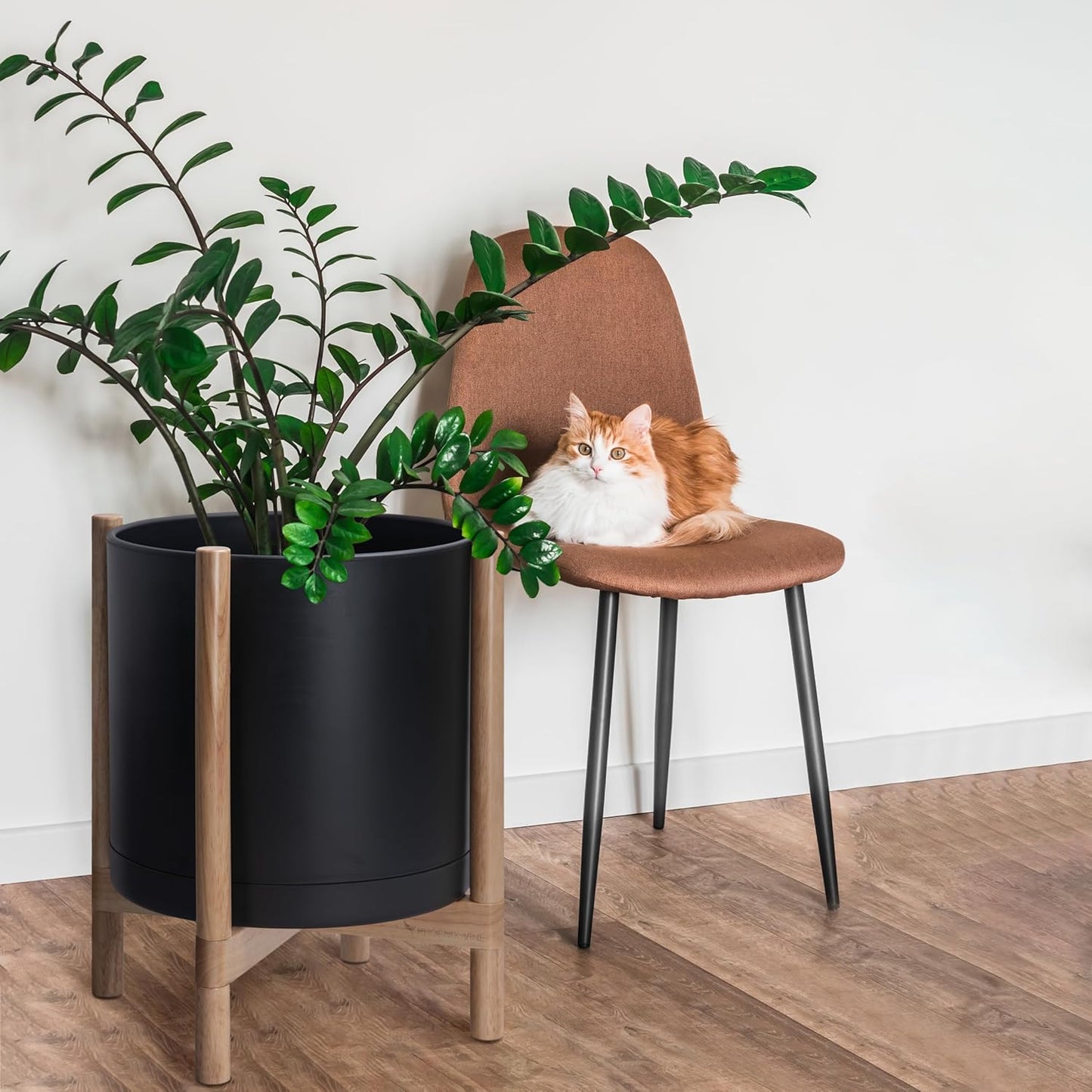 D'vine Dev Planter Pot with Stand - 16 Inch Plastic Cylinder Flower Pot with Wood Planter Holder for Indoor, Matte Black Pot + Natural Stand, 55-C-Y-2