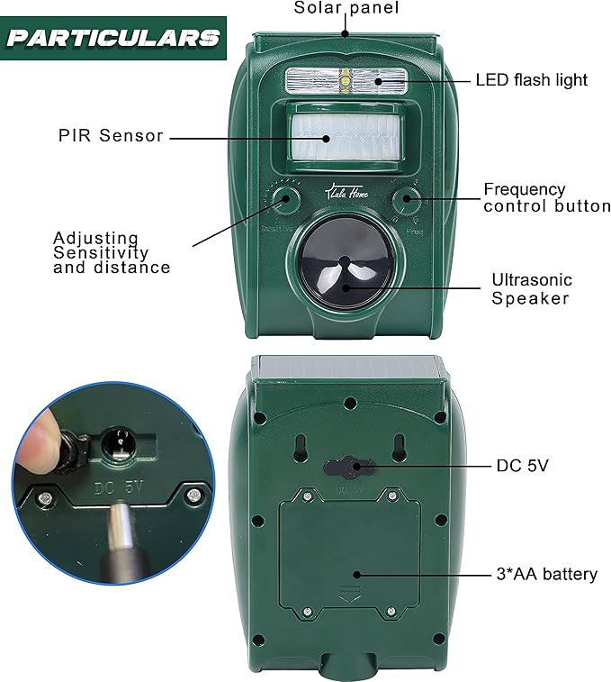 Lulu Home 2 Packs Ultrasonic Animal Repeller, Weatherproof Solar Powered Rodent Repeller with Motion Activated Flashing LED Light, Repel Dogs, Cat, Squirrels, Raccoon, Rabbit, Fox & More