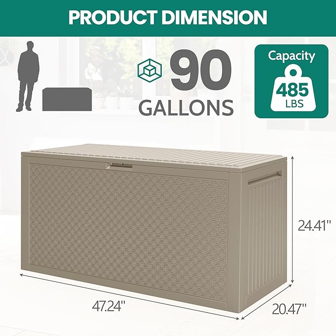 90 Gallon Outdoor Deck Box, Waterproof Outdoor Storage Box, Durable Resin Bin for Patio Cushions, Garden Tools and Pool Accessories, Lockable with UV Protection, Khaki, Patio Furniture