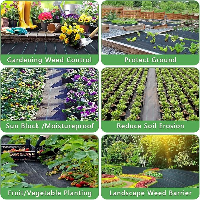 8 Garden Stakes + 1.4ftx50ft Weed Barrier Landscape Fabric Heavy Duty, Weed Gardening Ground Cover Mat, Weed Control Garden Cloth, Woven Geotextile Fabric for Underlayment, Commercial Driveway Fabric