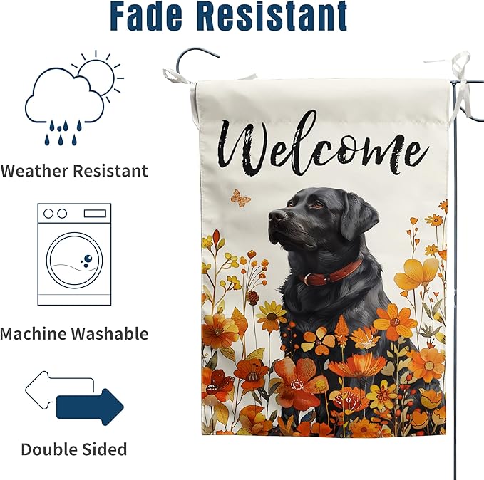 Floral Black Lab Garden Flag Fall Yard Flag Wildflower Labrador Dog Garden Flags Orange Autumn Lawn Flags Welcome Thanksgiving Outdoor Flags for Outside 12x18 Double Sided Small
