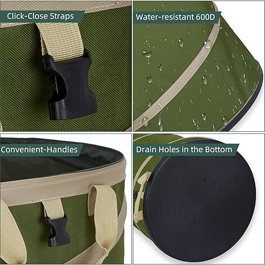 Rachmi 47 Gallon Collapsible Trash Can 2-Pack with Hard Bottom | Extra Large Reusable Yard Leaf Waste Bag Outdoor Pop Up Recycle Bin for Camping, Green