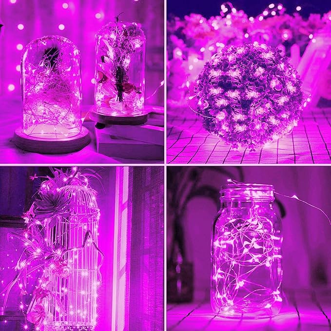 2 Pack Total 200 LED 66FT Solar Powered Copper Wire String Lights Outdoor, Waterproof, 8 Modes Fairy Lights for Valentines Day Decor, Garden, Patio, Party, Christmas, House (Pink)