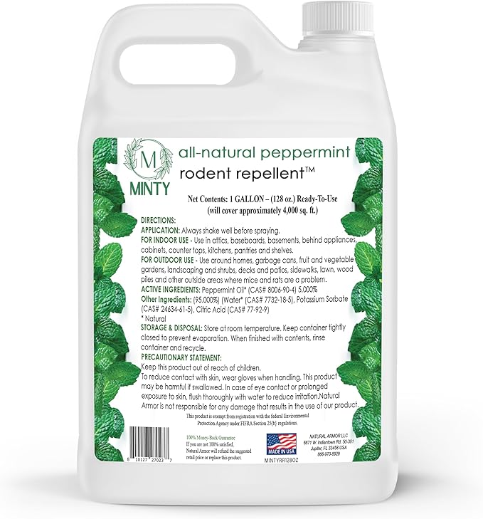 Minty Rodent Repellent, Natural 5% Peppermint Oil Spray for Mice, Rats, Chipmunks and Rodents, Indoor and Outdoor, House and Car Engine Use, 128 fl oz Gallon