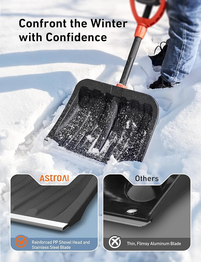 AstroAI 62" Heavy-Duty Snow Shovel with Adjustable Ergonomic D-Shape Handle, 17-Inch Wide Snow Shovel for Car with Stainless Steel Blade, Easily Remove Heavy Snow from Car, Driveway, Yard