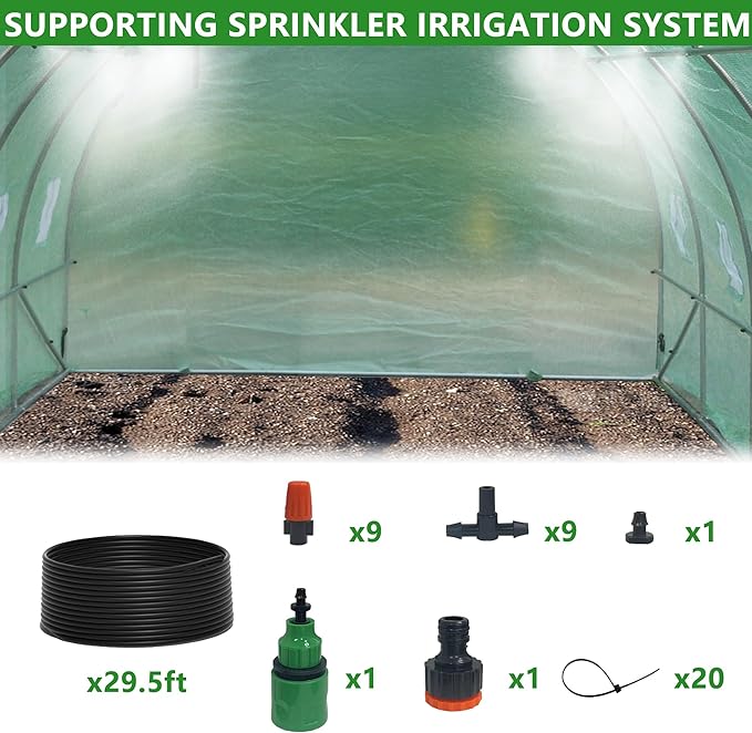 9.8x6.5x6.5 Ft Walk in Greenhouse, Portable Greenhouse, Greenhouse Tunnel, Heavy-Duty Outdoor Greenhouse with Watering System, Roll-up Zipper Door and Window for Outdoor, PE Cover, Green