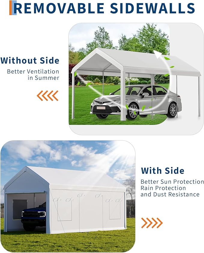 10 X 20FT Heavy Duty Carport, Portable Garage with Roll-Up Windows,Removable Sidewalls & Doors, Outdoor Tent Garage for Car,Truck,Boat