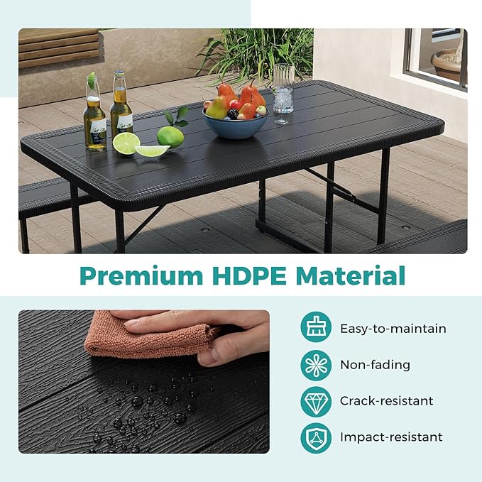 Giantex Picnic Table Bench Set for 4 People, 4.5FT Outdoor Rectangular Dining Table & 2 Benches w/Umbrella Hole, HDPE Tabletop, Metal Frame, Patio Garden Backyard Poolside (4.5FT,Non-Foldable,Black)