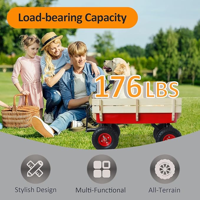 176 lb Kids Wagon Cart, 85L Large Capacity Durable Outdoor Tool Cart, Heavy Duty Cargo Wagon, Steel and Wooden Side with 10 Inch Inflatable Wheels, for Kids, Toys, Sport, Shopping (Red)