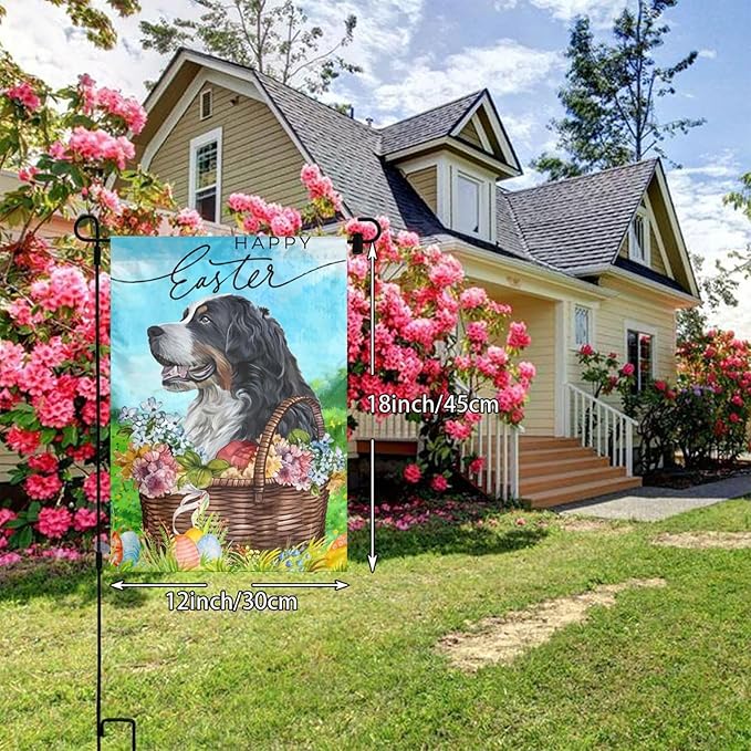 Bernese Mountain Dog Happy Easter Flower Garden Flag Welcome Party Outdoor Outside Decorations Picks Home House Garden Yard Decor 12x18 Inch