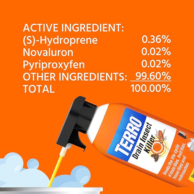 TERRO Drain Insect Killer - T590 Drain Fly Killer Spray - Foam Treatment for Fruit Flies, House Flies, and Cockroaches