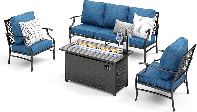 Patio Furniture Set, 4 Pcs Metal Outdoor Conversation Set, 2 Single Chairs and 3 Seater Sofa with 5.75" Extra Thick Cushion and Gas Fire Pit Table for Backyard Deck, Gemstone Blue