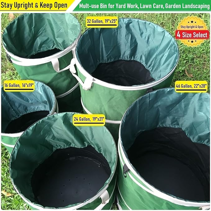 2-Pack 32 Gallon Collapsible Trash Can (19x25 in) Solid Bottom for Yard Waste Bag,Yard Debris Bag,Pop-Up Trash Can,Recycling Bin,Camping Waste Bin,Laundry Hamper,Lawn Grass,Garden Weeds Bags,Leaf Bags