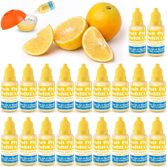 Qualirey Fruit Fly Trap for Indoor and Kitchen Use, 0.68 oz Each Bottle Fruit Fly Trap Refill Liquid, Ready to Use, Safe Near Food, Efficient Lure Refill Liquid, Yellow (20 Pack)