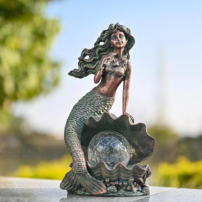 TERESA'S COLLECTIONS Mermaid Garden Statues with Solar Outdoor Lights for Outdoor Decor, Bronze Patina Fairy Sculptures & Statues Christmas Decorations, Garden Decor Gifts for Mom Yard Decor, 13"