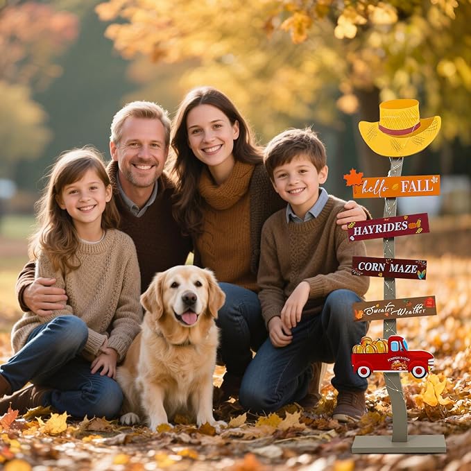 Lighted Wood Hello Fall Porch Sign,Fall Welcome Porch Decor,Autumn Maple Pumpkin Truck Sweater Weather Standing Wooden Signs for Home Front Door Yard Party Decor