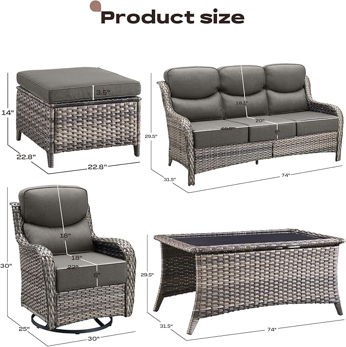 Wicker Outdoor Patio Furniture Set - 8 Piece Patio Conversation Sets with Swivel Rocker Chairs, Ottomans, Sofa and Coffee Table, 6 inch Cushions, Deep Seating, for Porch Deck Mixed Grey/Grey