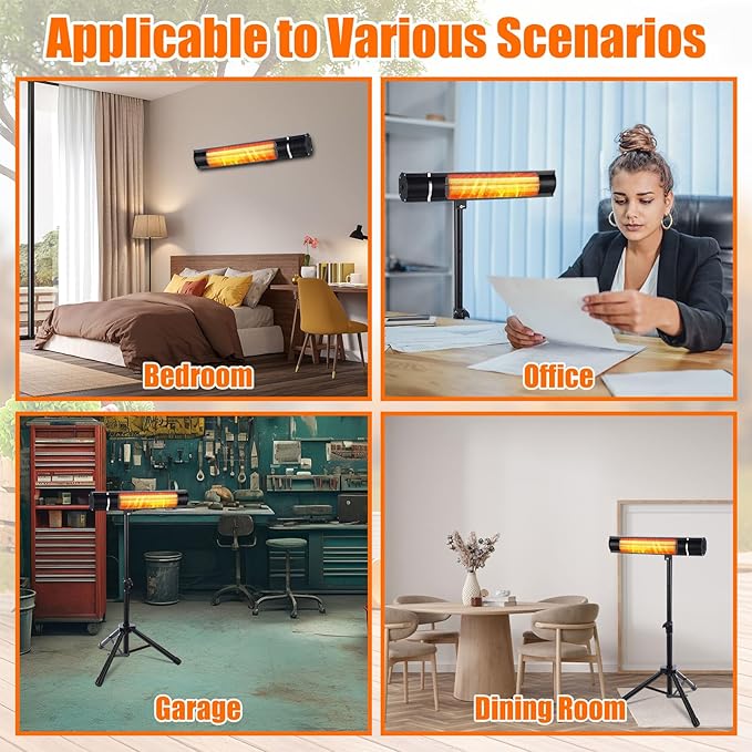 Electric Patio Heater Outdoor 1500W Carbon Infrared Heater with Remote Timer 3 Heat Levels IPX4 Waterproof Tripod Stand Ceiling Wall Mount for Backyard Restaurant Garage