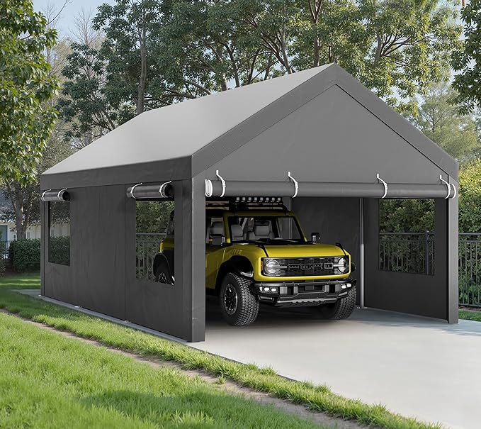 Walsunny Carport, 12x20 ft Heavy Duty Carport Canopy with Roll-up Windows, Portable Garage with Removable Sidewalls & Doors, Car Canopy with All-Season Tarp for Car, Truck, Boat