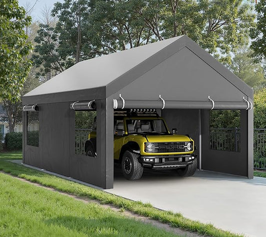 Walsunny Carport, 12x20 ft Heavy Duty Carport Canopy with Roll-up Windows, Portable Garage with Removable Sidewalls & Doors, Car Canopy with All-Season Tarp for Car, Truck, Boat