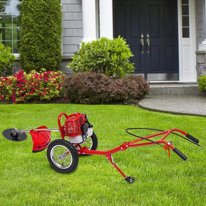 PERFERATE 49CC 2 Stroke Gas Powered Hand Push Lawn Mower 2 in 1 Gas Weed Wacker Push Brush Cutter with Air-Cooled System Walk Behind Weed Trimmer Push Weed Eater with Wheels