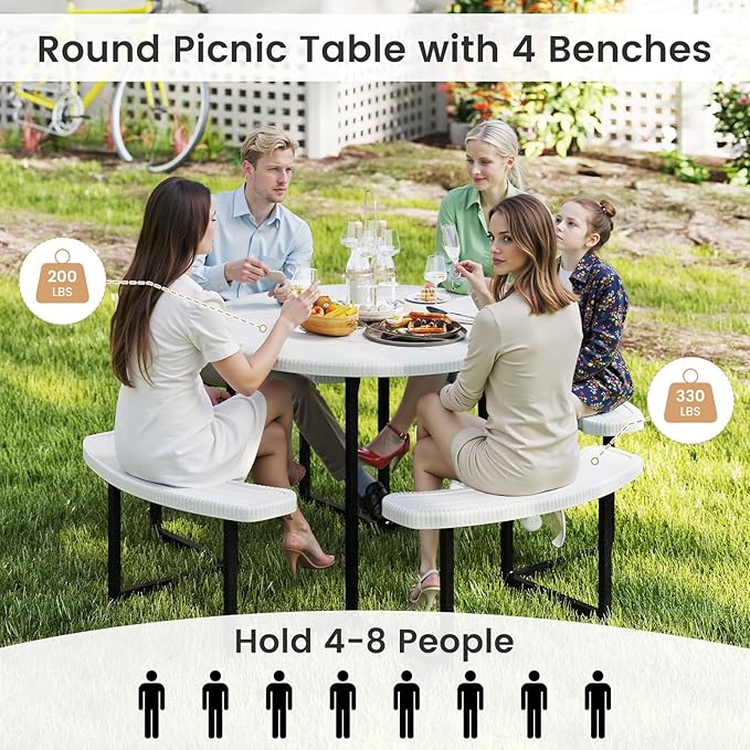 Tangkula 8 Person Picnic Table, HDPE Outdoor Round Table and Bench Set with 4 Built-in Benches, Umbrella Hole, Metal Frame for Garden Yard Patio Lawn