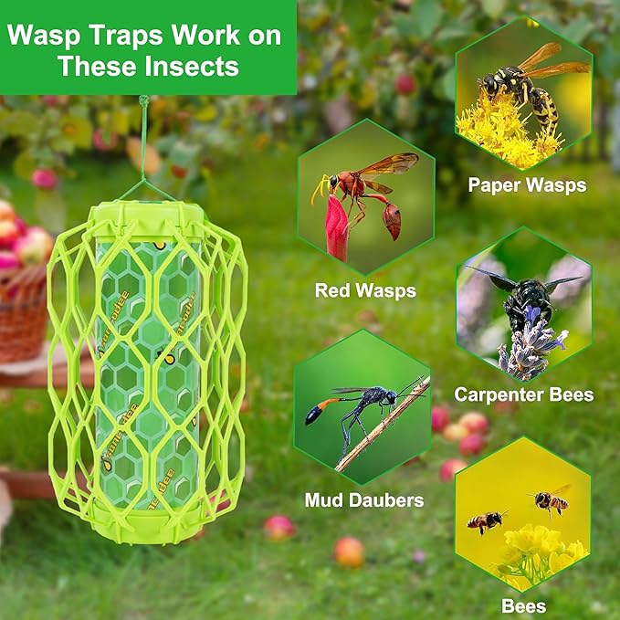 2 Pack Upgraded Wasp Trap Outdoor Hanging, Carpenter Bee and Hornet Catcher, Reusable Yellow Jacket Trap with Bait Reservoir, Bee Killer and Wasp Catcher for Outside (Green)