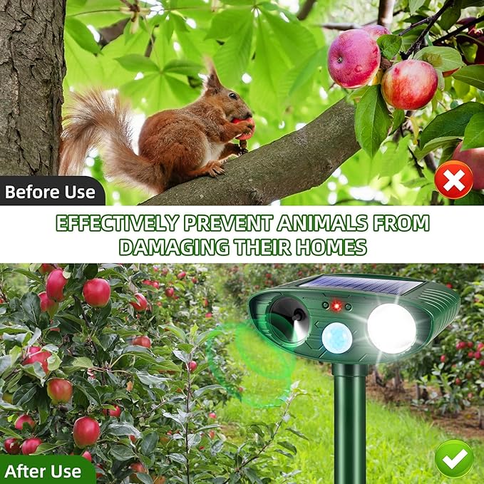 2 Pack Solar Animal Repellent Ultrasonic Outdoor Squirrel Fortress Pro, Deer Repellent Devices with Motion Sensor & Strobe Light,Waterproof Cat Dog Raccoon Rabbit Deterrent for Garden Yard