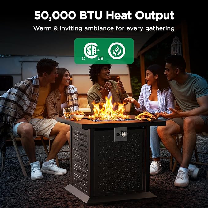 Ciays 28" Propane Fire Pit Table with 50,000 BTU Output, Outdoor Gas Fire Pit Table CSA-Certified for Outside Patio with Glass Rocks and Removable Lid, Add Warmth and Ambience to Parties, Garden