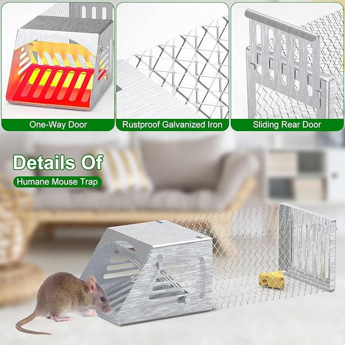 2 Pack Humane Rat Trap, Single Door Metal Automatic Continuous Mouse Cage Traps and Other Small Live Animals Cage, Easy to Catch and Release, Work for Indoor Outdoor