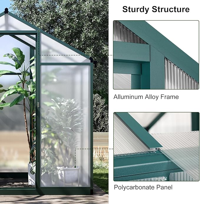4 x 6.25 FT Greenhouse for Outdoors, Polycarbonate Greenhouse with Aluminum Frame, Lockable Door, Roof Vent and Rain Gutter, Large Walk-in Green Houses for Patio Garden Outside, Green