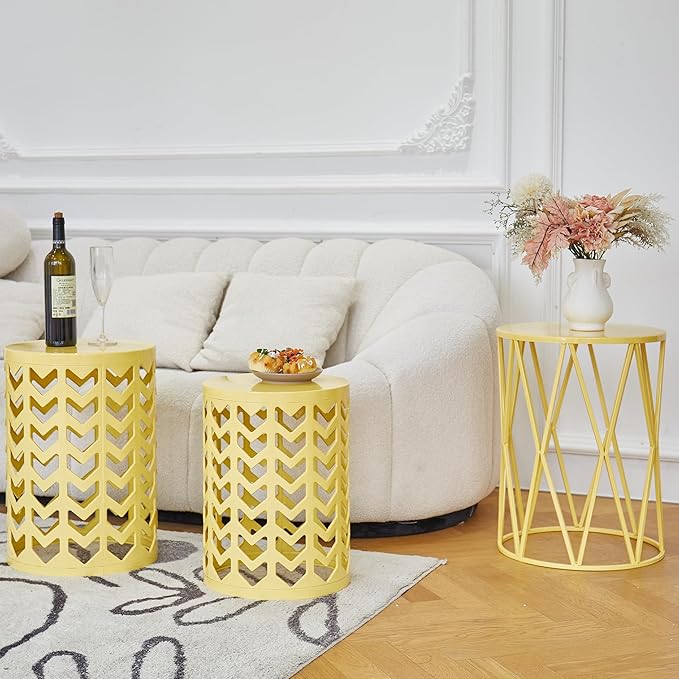 Y&M Set of 3 Nesting Metal Round Coffee Table, Side Table End Table for Indoor Outdoor Multifunctional Use,Heavy Duty Metal Plant Stand Decorative Garden Stool- Yellow(Ship from US)