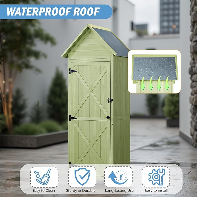 Wooden Outdoor Storage Cabinet,Tall Vertical Garden Tool Shed with Waterproof Metal Roof & Adjustable Feet – Perfect for Yard, Patio, Lawn & Deck (Green, 22" x 26" x 67")