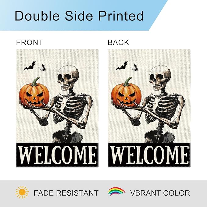 DLZDN Welcome Halloween Skeleton Garden Flag Funny Horror Skull Pumpkins Flag 12×18 Inch Double Side Vertical Burlap Farmhouse Yard Sign Holiday Seasonal Outdoor House Decoration