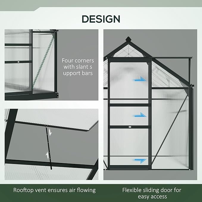 Outsunny 6' x 10' Greenhouse for Outdoors, Polycarbonate Greenhouse with Rain Gutter and Roof Vent, Aluminum Walk-in Green Houses for Outside for Patio Backyard Garden, Gray