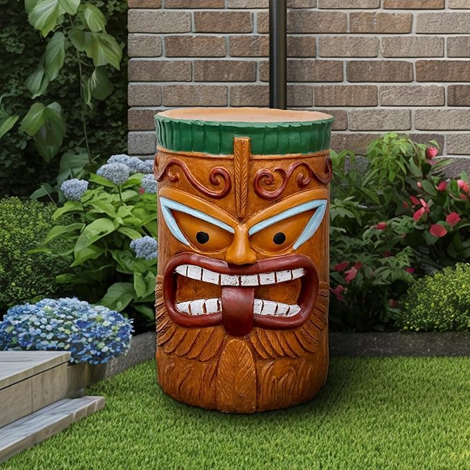 SKYFIRE Decorative Side Table - The Grande Tiki Face Kanaloa Teeth Indoor Sculptures Home Decor Tiki Statues Outdoor for Garden, Patio, Yard, Bar, Office, House Decor -20" H Concrete Stool End Table