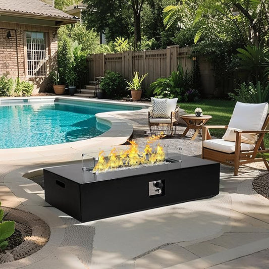 2-Piece Outdoor Propane Fire Pit Table Set – Premium Marble-Like MgO Finish, 56-Inch Gas Fire Table with Glass Wind Guard for Patio, Garden & Backyard, Includes Rain Cover & Glass Beads