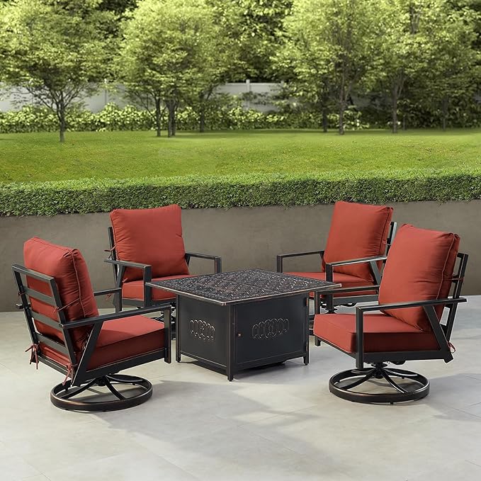 Oakland Living Black Aluminum Patio Fire Table Set with Four Club Chairs with Red Cushions