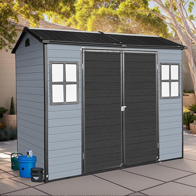 8x4ft Resin Outdoor Storage Shed with Floor and 2 Windows, Plastic Sheds & Outdoor Storage Clearance for Patio Furniture,GardenTools, Bike Accessories and Lawn Mower, Black+Grey