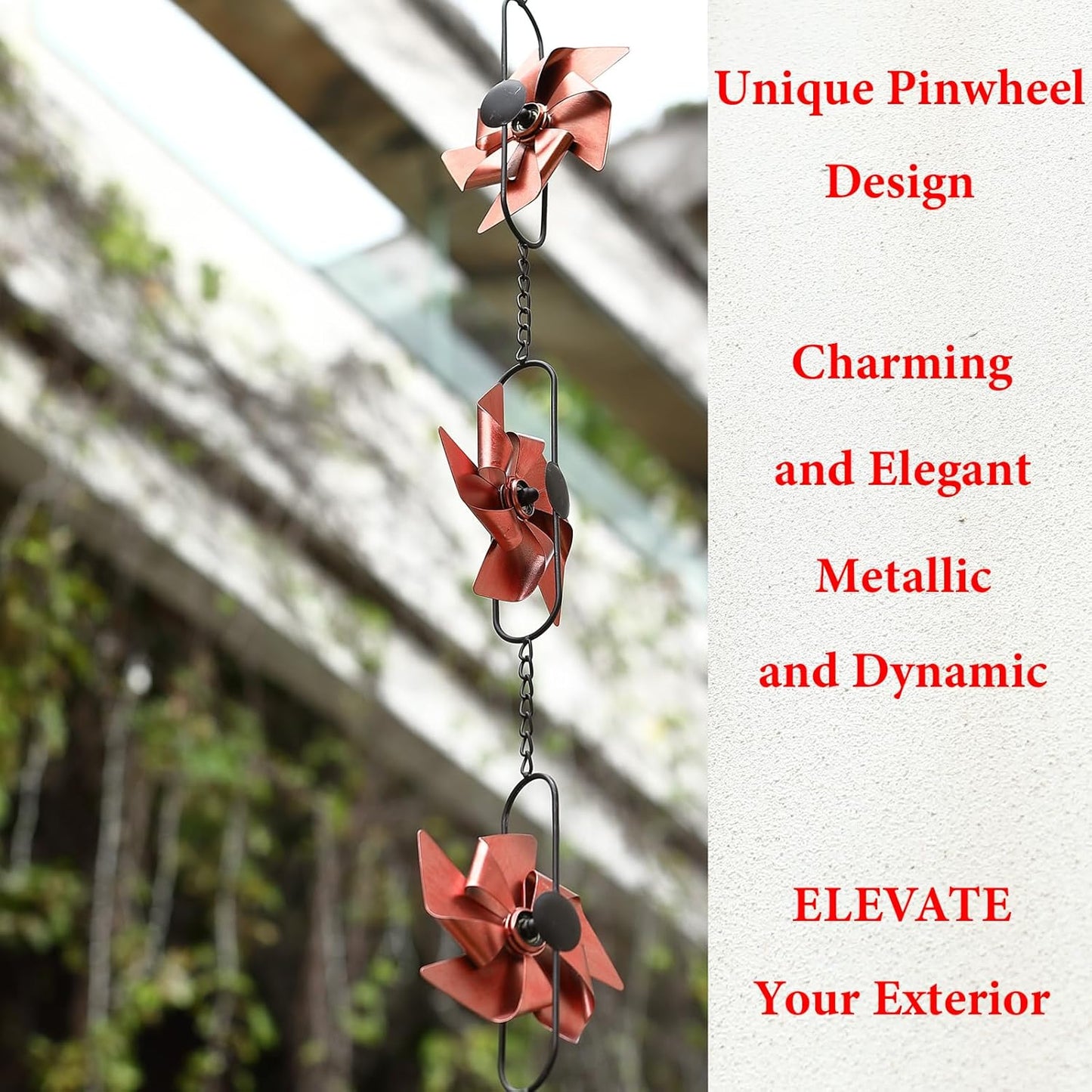 8.5FT Rain Chain, Metal Pinwheel Rain Chains for Gutters Downspouts, Rain Gutter Chain Downspout for Outside Garden, Functional and Decorative Replacement Hanging Rain Catcher Chains